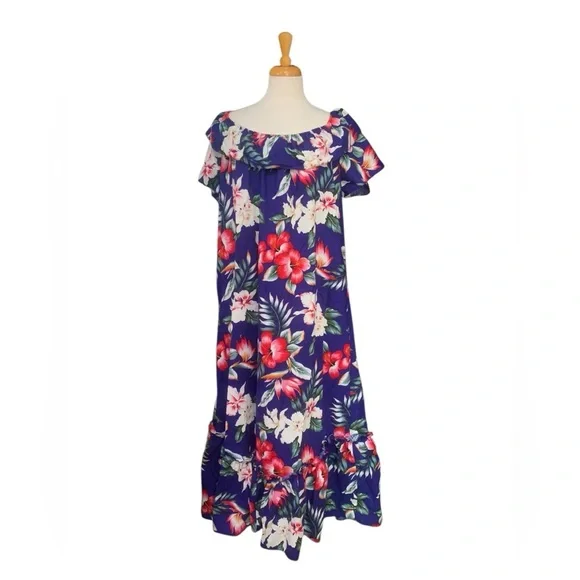 Vintage 80’s 100%Colton blue floral ruffle off shoulder Hawaiian maxi dress sz L - Picture 1 of 5